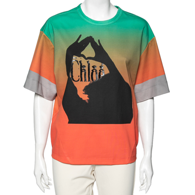 Pre-owned Chloé Orange & Green Ombre Cotton Logo Printed T-shirt M