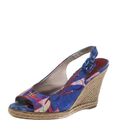 Pre-owned Carolina Herrera Blue Printed Fabric Cork Wedge Peep Toe Slingback Sandals Size 39