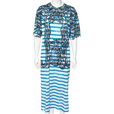 Pre-owned Prada Blue & White Striped Cotton Printed Short Sleeve Dress M