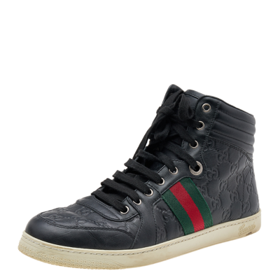 Pre-owned Gucci Ssima Leather Web Detail High Top Sneakers Size 43.5 In Black
