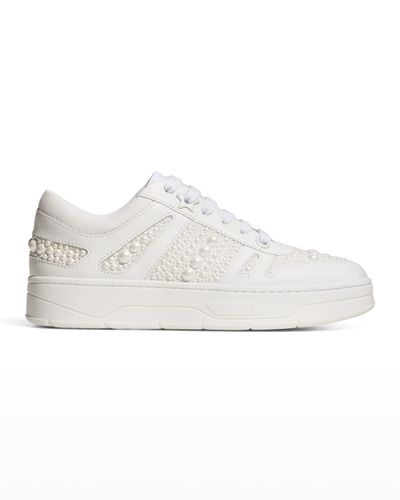 Shop Jimmy Choo Hawaii Leather Pearly Platform Sneakers In White