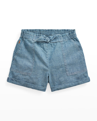 Shop Ralph Lauren Girl's Cotton Chambray Camp Shorts In Indigo Blu