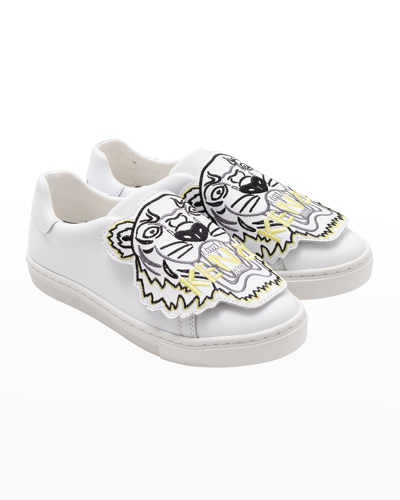 Shop Kenzo Kid's Tiger Leather Low-top Sneakers, Baby/toddlers In 10b-white