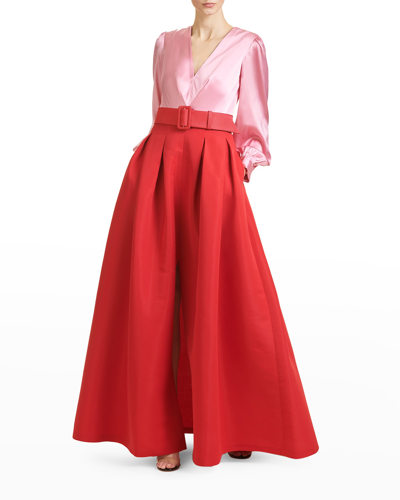 Shop Sachin & Babi Zoe Belted Long-sleeve Pleated Gown In Rose Flamingo