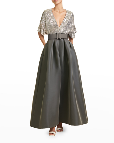 Shop Sachin & Babi Simone Sequin Gown W/ Pleated Skirt In Silver Sequin Ch