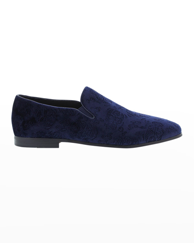 Shop Robert Graham Men's Renegade Skull-embossed Velvet Loafers In Navy