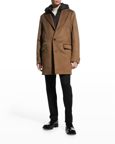 Shop Moorer Men's Wool-cashmere Coat W/ Removable Bib In Open Brown