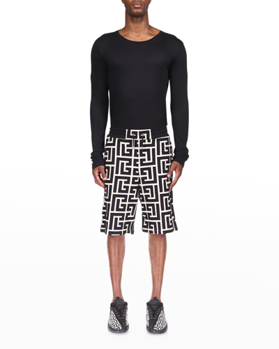 Shop Balmain Men's Monogram Sweat Shorts In Ivory/black