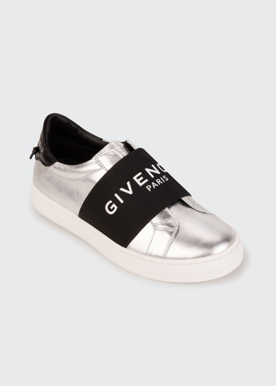 Shop Givenchy Kid's Urban Street Logo Metallic Elastic-strap Sneakers, Baby In 16 Silver