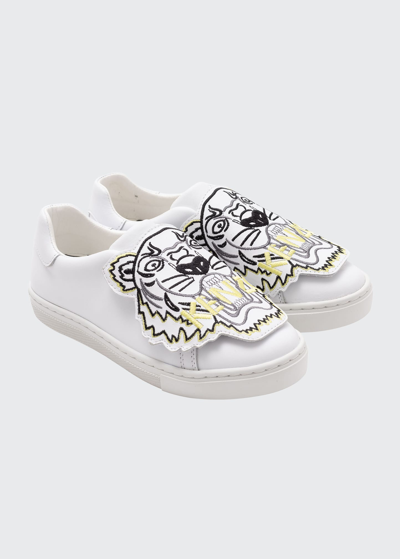 Shop Kenzo Kid's Tiger Leather Low-top Sneakers, Baby/toddlers In 10b-white