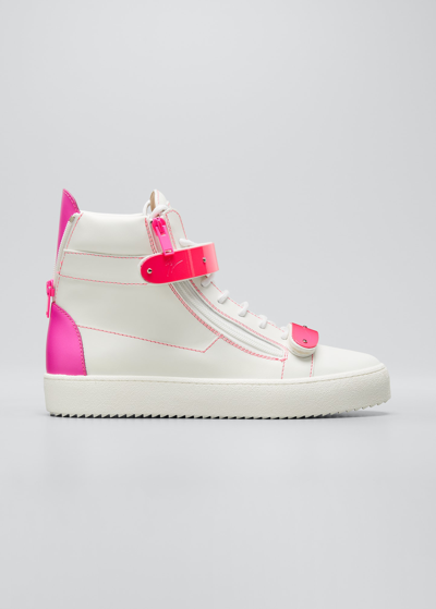 Shop Giuseppe Zanotti Men's Color-pop Double-zip High-top Sneakers In Wht/pink