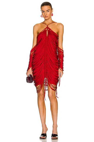 Shop Bottega Veneta Shiny Viscose Fringe Knit Dress In Scarlet
