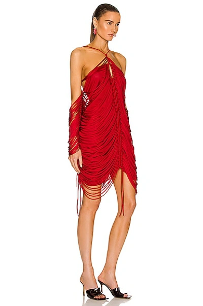 Shop Bottega Veneta Shiny Viscose Fringe Knit Dress In Scarlet