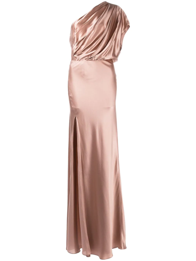 Shop Michelle Mason Asymmetric Open Back Gown In Pink