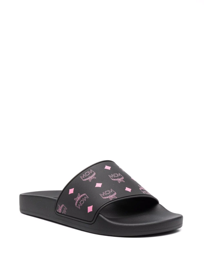 Shop Mcm Monogram-print Slides In Black