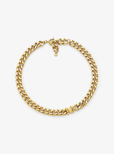 Shop Michael Kors Precious Metal-plated Brass Pavé Logo Curb Link Necklace In Gold