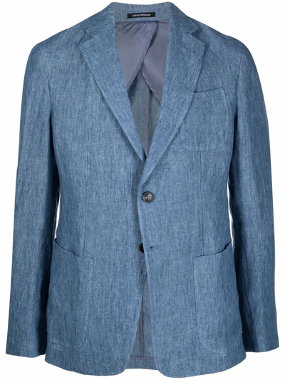 Shop Emporio Armani Linen Single-breasted Blazer In Blue