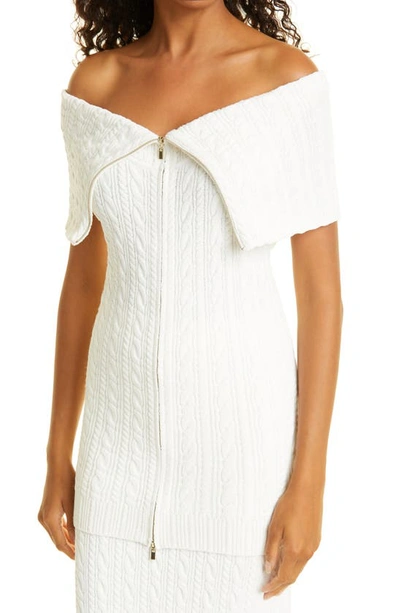 Shop Rebecca Taylor Off The Shoulder Cable Short Sleeve Cardigan In Chalk