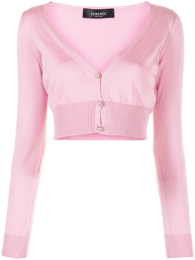 Shop Versace Ladies Cropped V-neck Cardigan In Pink