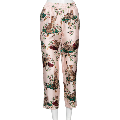 Pre-owned Dolce & Gabbana Pink Silk Floral & Cat Printed Pyjama Trousers M