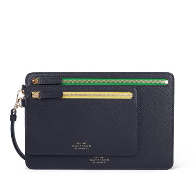 Shop Smythson Double Zip Case With Strap In Panama In Navy