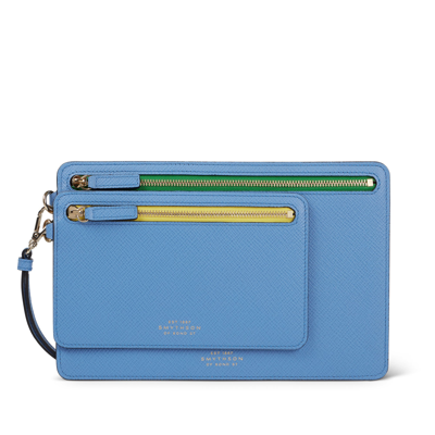 Shop Smythson Double Zip Case With Strap In Panama In Nile Blue