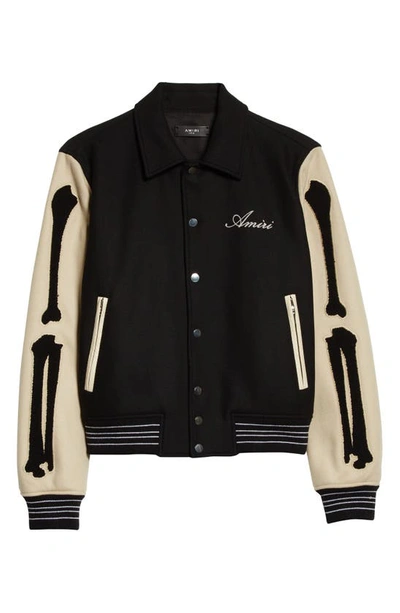 Shop Amiri Bones Wool Blend Varsity Jacket In Black / Alabaster
