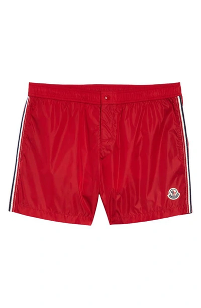 Shop Moncler Logo Patch Swim Trunks In Red