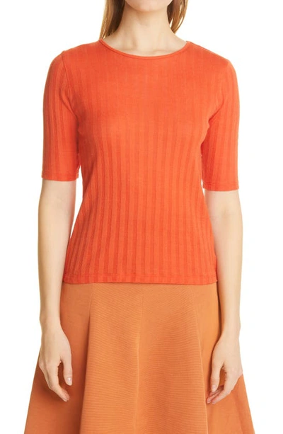 Shop Vince Ribbed Elbow Sleeve Cotton Knit Top In Burnt Orchid
