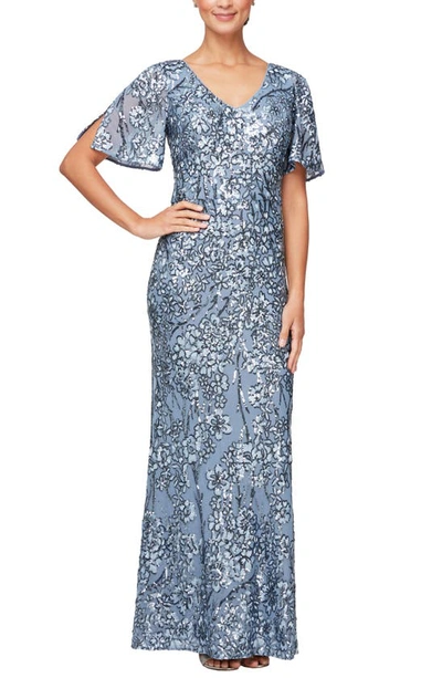 Shop Alex Evenings Sequin Lace Cold Shoulder Trumpet Evening Gown In Hydrangea