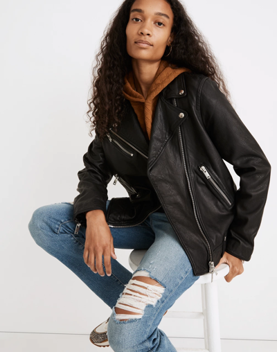 Madewell Washed Leather Oversized Motorcycle Jacket In True Black