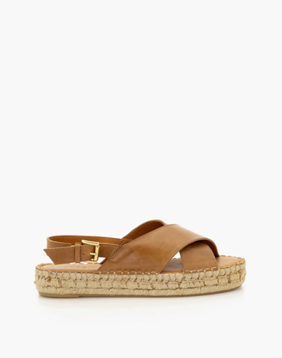 Shop Mw Alohas Leather Crossed Platform Espadrille Sandals In Camel