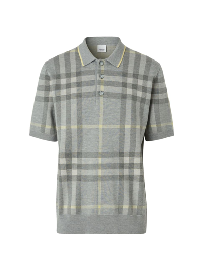 Shop Burberry Men's Cartner Knit Check Polo Shirt In Pale Grey
