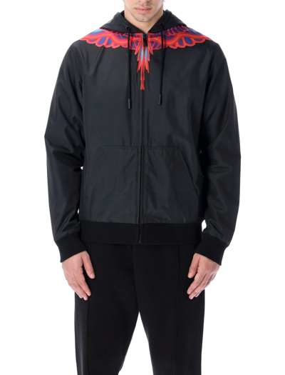 Shop Marcelo Burlon County Of Milan Curves Wings Nylon Hooded Jacket In Black Red