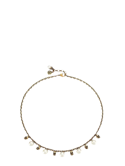 Shop Alexander Mcqueen Pearl And Skull Necklace In Oro