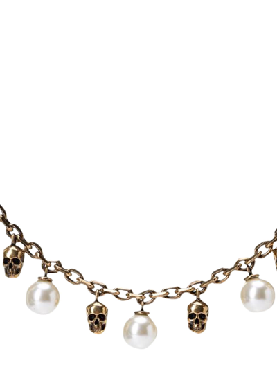 Shop Alexander Mcqueen Pearl And Skull Necklace In Oro