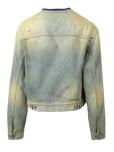 Shop Maison Margiela Distressed-effect Collarless Denim Jacket In Blue