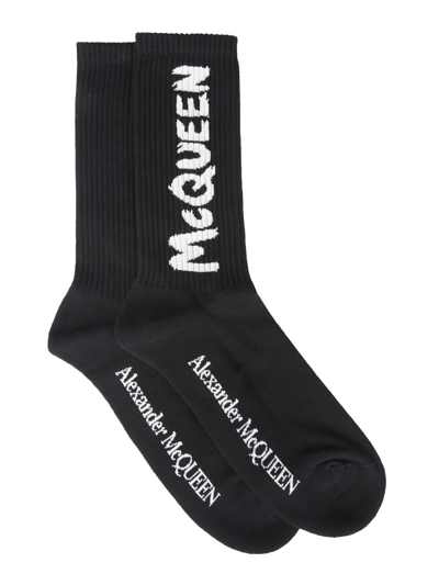 Shop Alexander Mcqueen Socks With Graffiti Logo In Nero