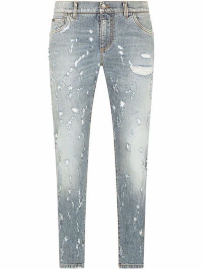 Shop Dolce & Gabbana Mid-rise Distressed Straight Leg Jeans In Blau