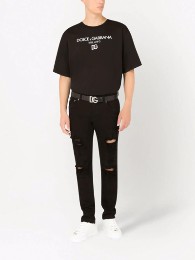 Dolce & Gabbana Jersey Round-neck T-shirt With Dg Milano Embroidery In Schwarz