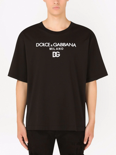 Dolce & Gabbana Jersey Round-neck T-shirt With Dg Milano Embroidery In Schwarz