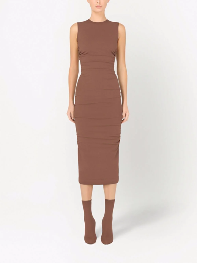 Dolce & Gabbana Ruched Sleeveless Jersey Midi Dress In Braun