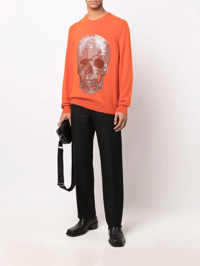 Shop Philipp Plein Skull Print Crewneck Sweater In Orange