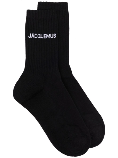 Shop Jacquemus Logo-print Ribbed Socks In Black