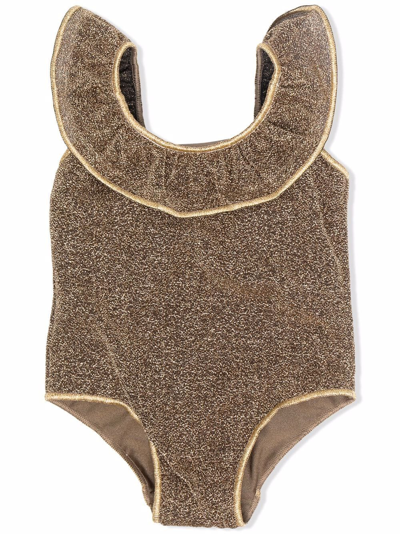 Shop Oseree Metallic-effect Ruched Swimsuit In Brown