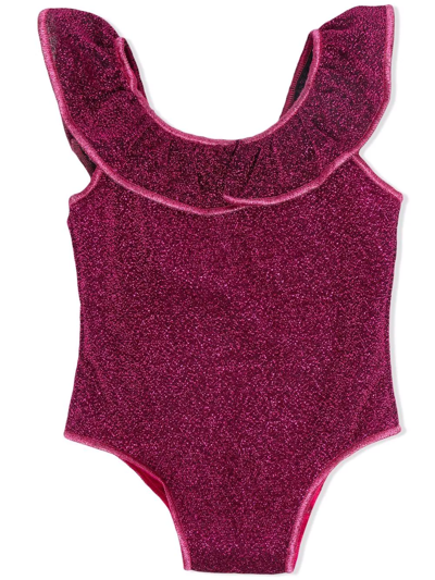 Shop Oseree Metallic-effect Ruffled Swimsuit In Pink
