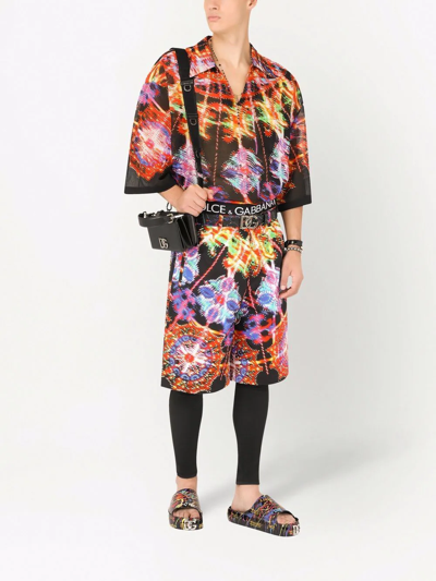 Dolce & Gabbana Multicolor Bermuda Shorts With All-over Hawaiian Print And Drawstrig In Silk Man In Schwarz