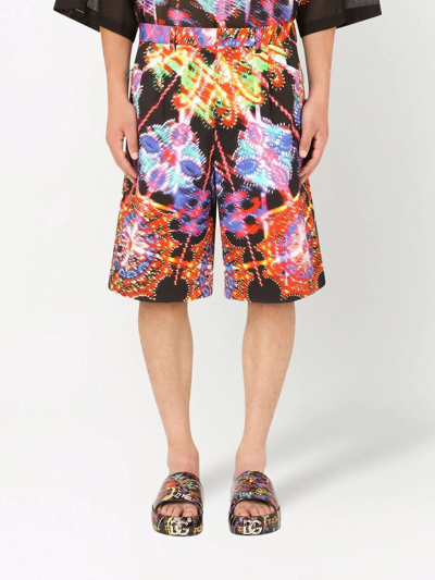 Dolce & Gabbana Multicolor Bermuda Shorts With All-over Hawaiian Print And Drawstrig In Silk Man In Schwarz