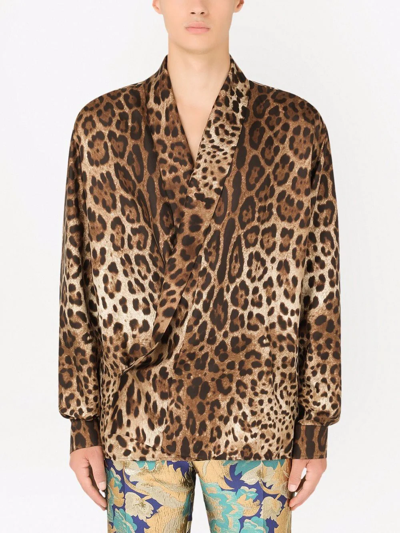 Shop Dolce & Gabbana Leopard-print Silk Shirt In Brown