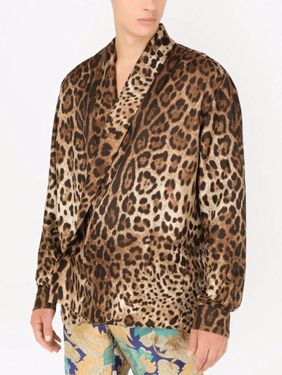 Shop Dolce & Gabbana Leopard-print Silk Shirt In Brown